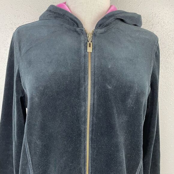 Oleg Cassini Black Velour and Hot Pink Full Zip Hoodie Jacket Size M EUC - Picture 2 of 7